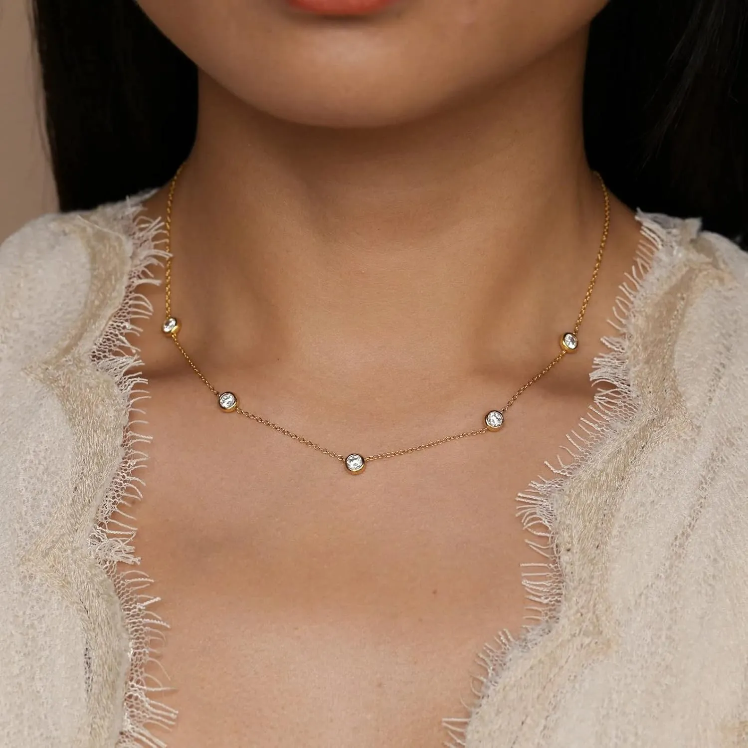 Dainty Gold Necklace for Women, Gold Plated Cubic Zirconia Drop Satellite Chain Necklace Jewelry for Women