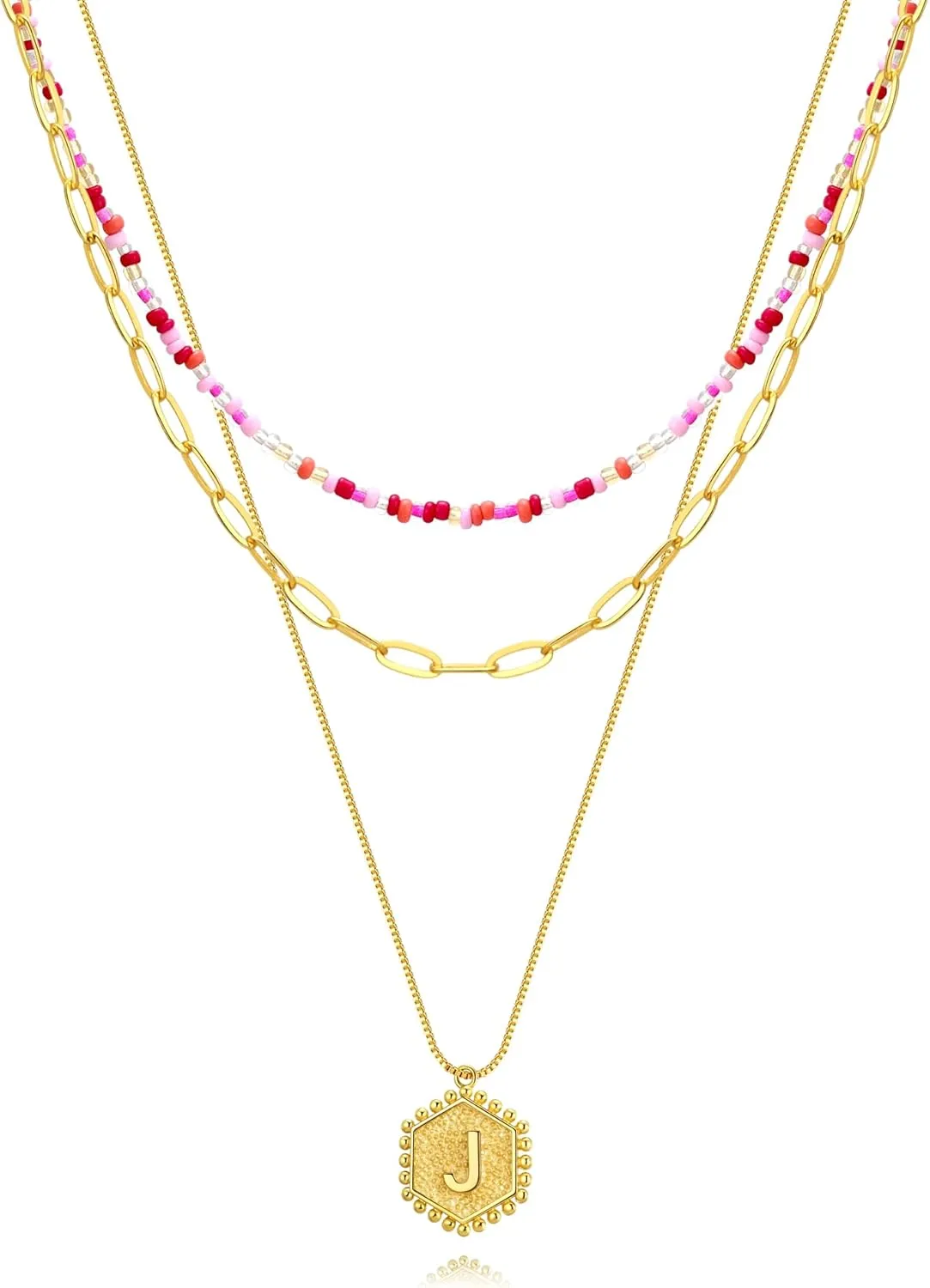 Dainty Layered Gold Necklace for Women18K Gold Plated Initial Hexagon Pendant Adjustable NecklacesTrendy Gold Necklaces Set for Women Jewelry