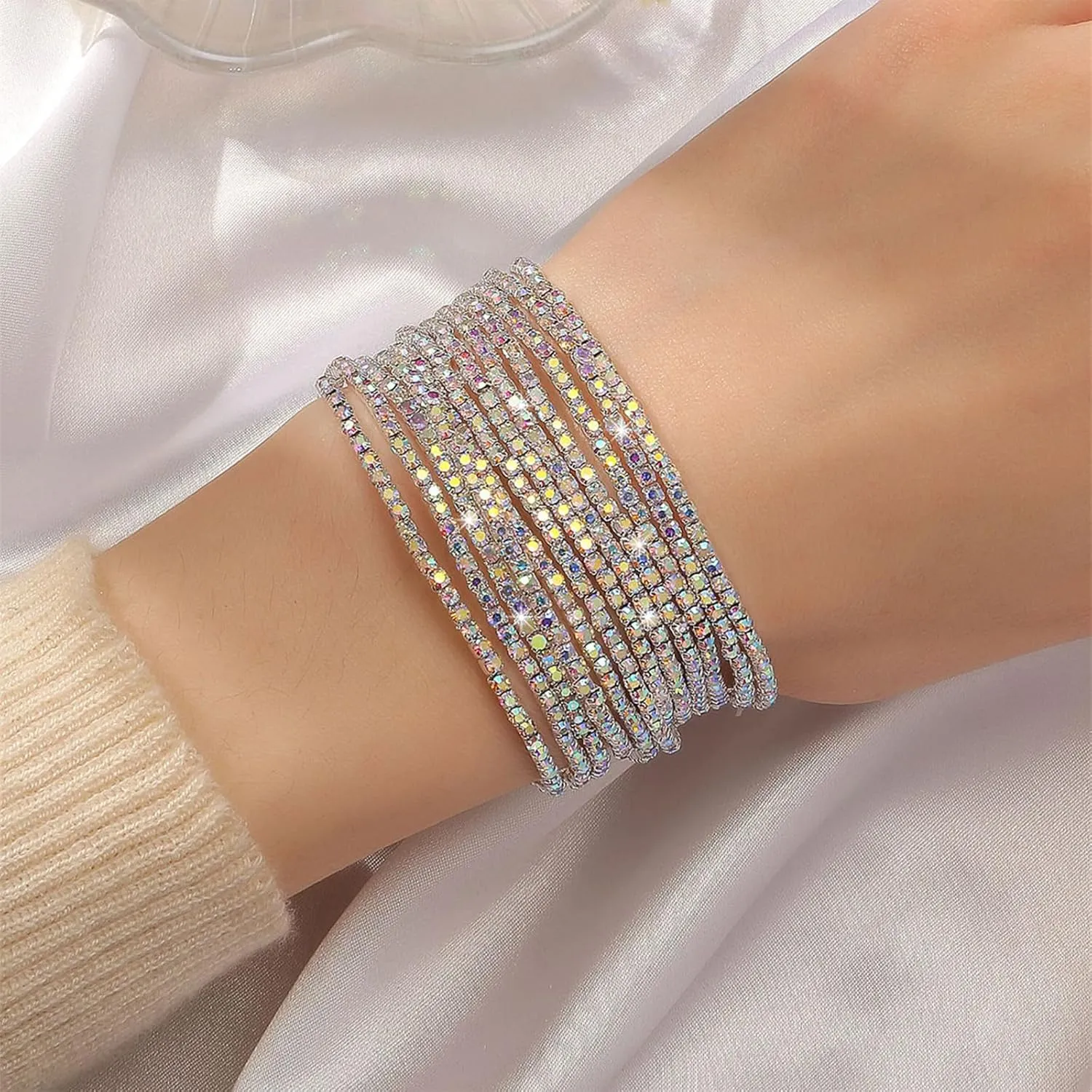 Dainty Layered Rhinestone Stretch Tennis Bracelet Set for Women