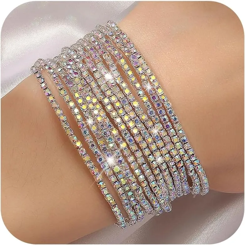 Dainty Layered Rhinestone Stretch Tennis Bracelet Set for Women