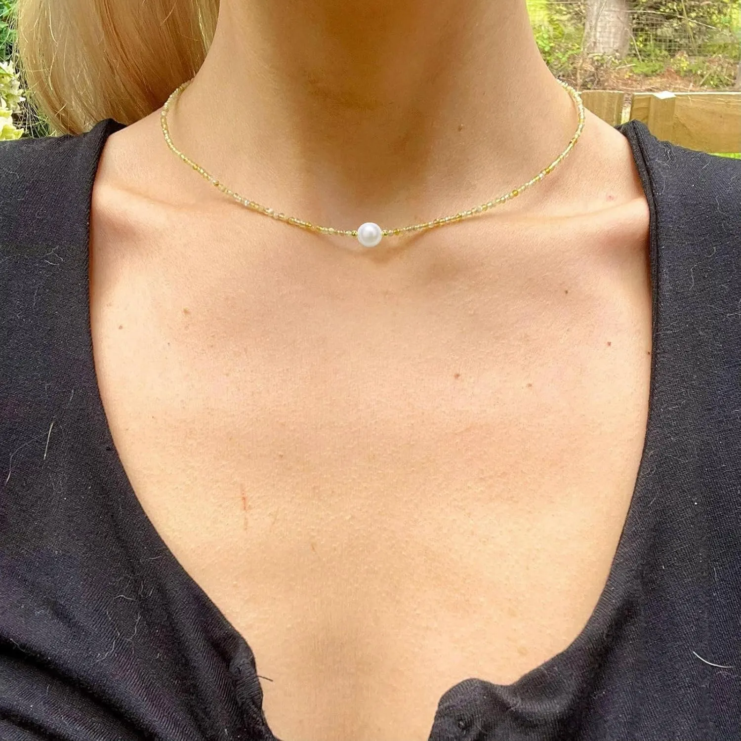 Dainty Pearl Pendant Necklaces for Women, Yellow Opal Bead Choker Necklace, 18k Gold Plated Delicate Handmade Cultured Pearl Necklace Everyday Jewelry for Present.