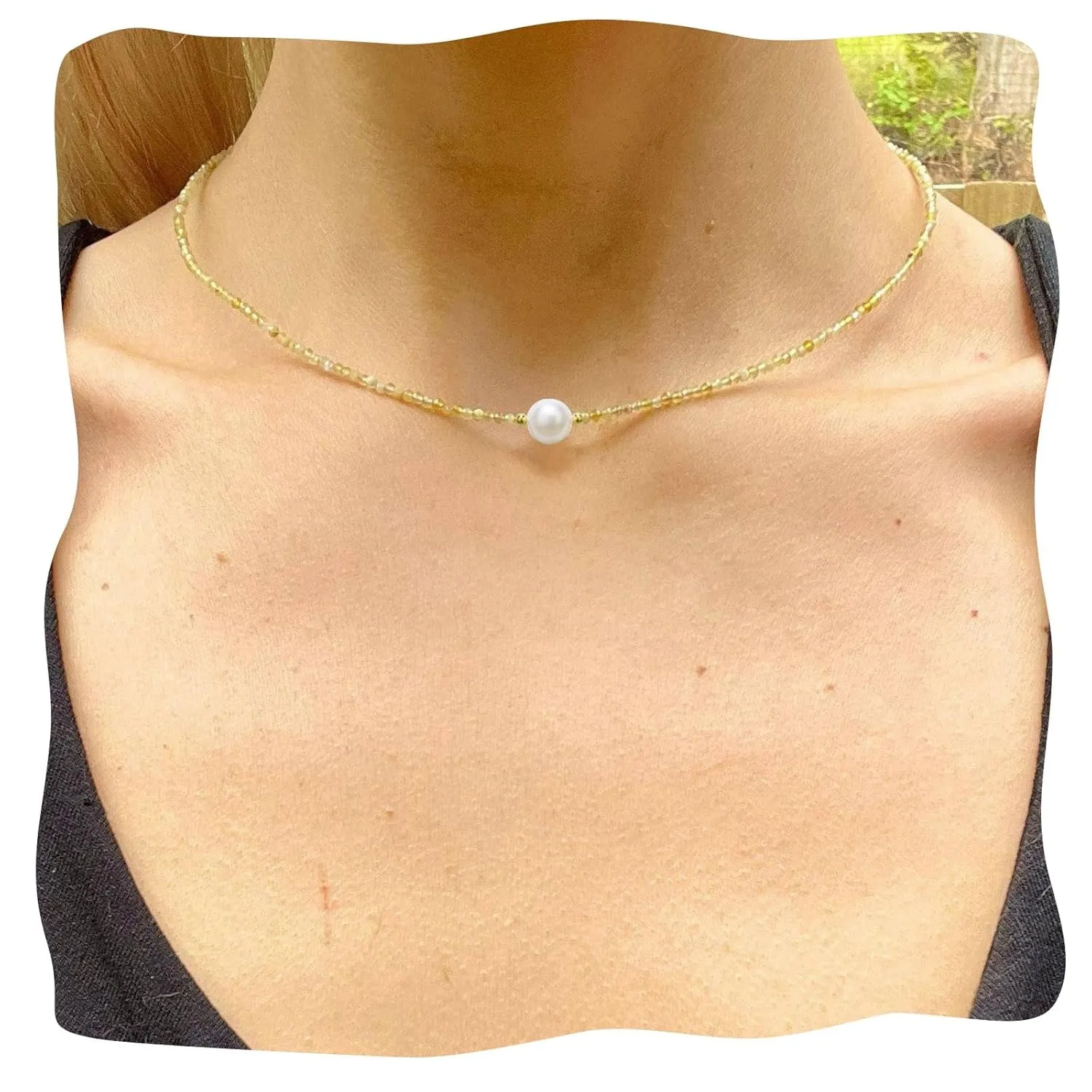 Dainty Pearl Pendant Necklaces for Women, Yellow Opal Bead Choker Necklace, 18k Gold Plated Delicate Handmade Cultured Pearl Necklace Everyday Jewelry for Present.