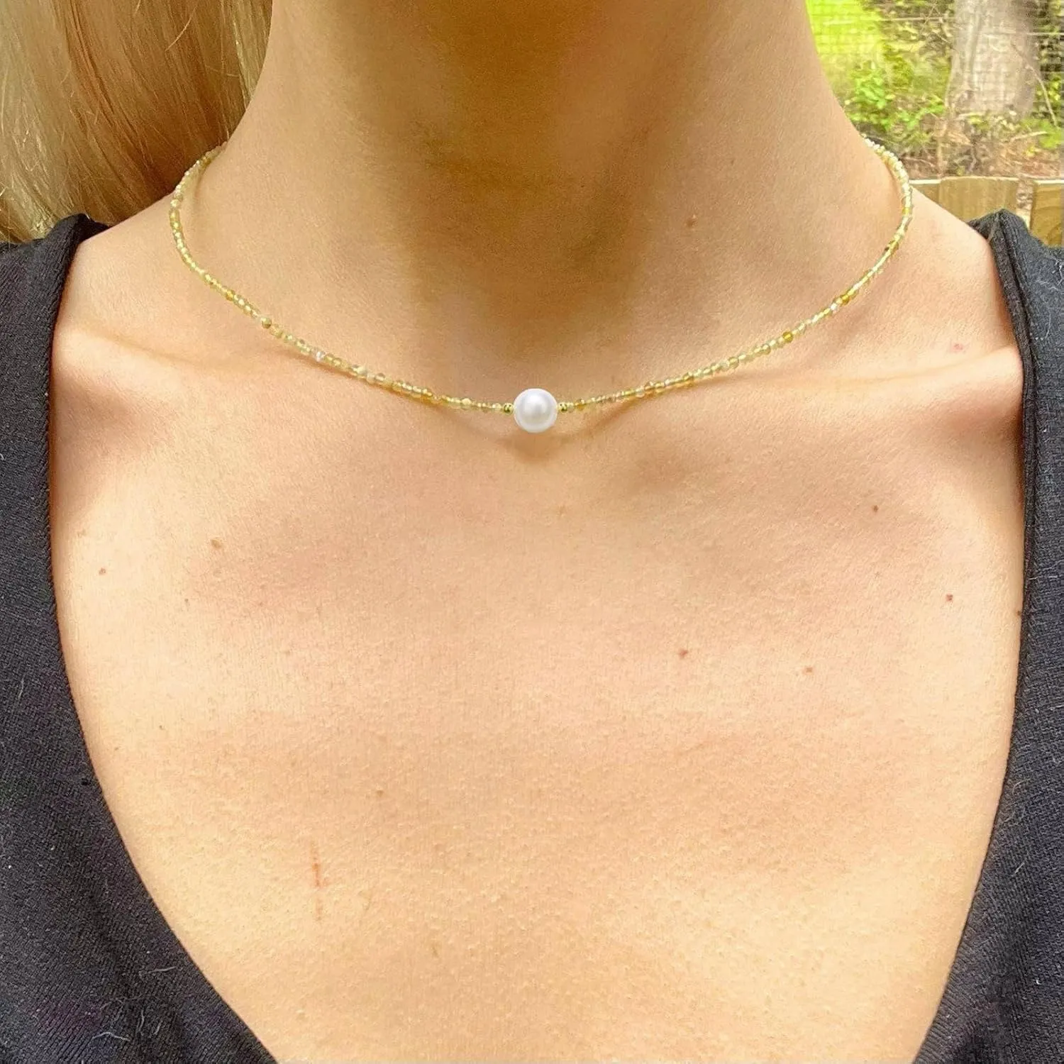 Dainty Pearl Pendant Necklaces for Women, Yellow Opal Bead Choker Necklace, 18k Gold Plated Delicate Handmade Cultured Pearl Necklace Everyday Jewelry for Present.