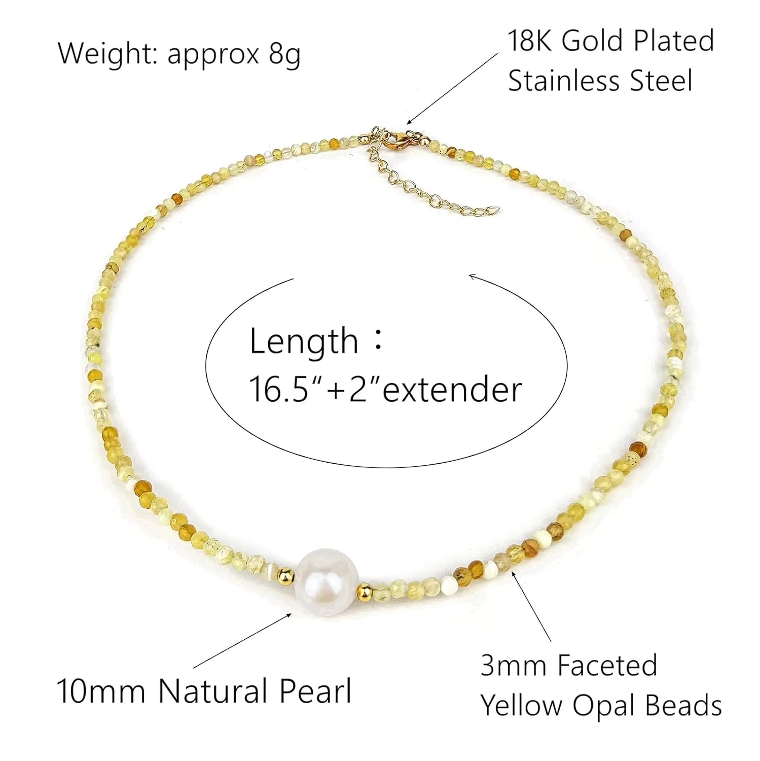 Dainty Pearl Pendant Necklaces for Women, Yellow Opal Bead Choker Necklace, 18k Gold Plated Delicate Handmade Cultured Pearl Necklace Everyday Jewelry for Present.