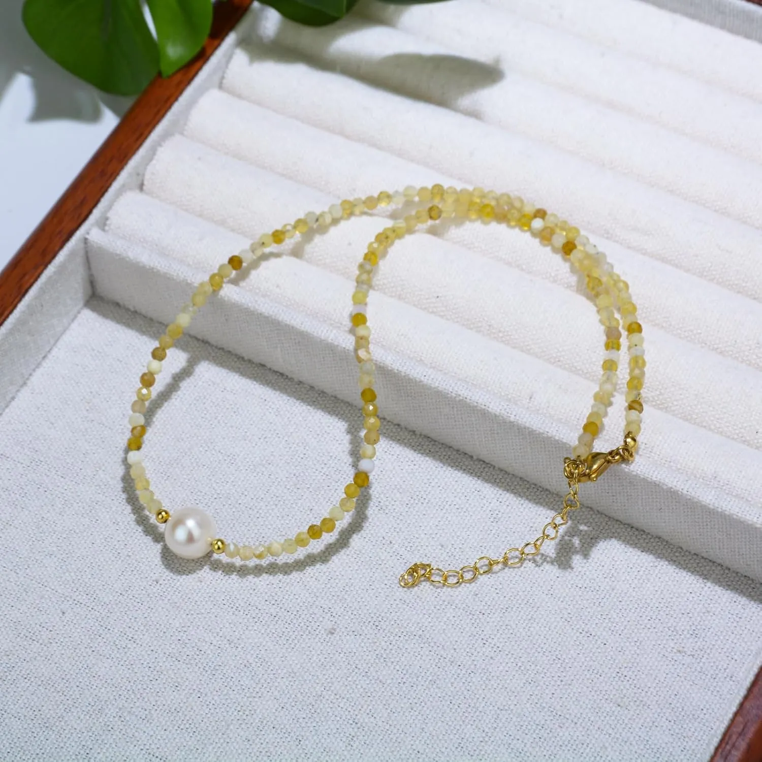 Dainty Pearl Pendant Necklaces for Women, Yellow Opal Bead Choker Necklace, 18k Gold Plated Delicate Handmade Cultured Pearl Necklace Everyday Jewelry for Present.