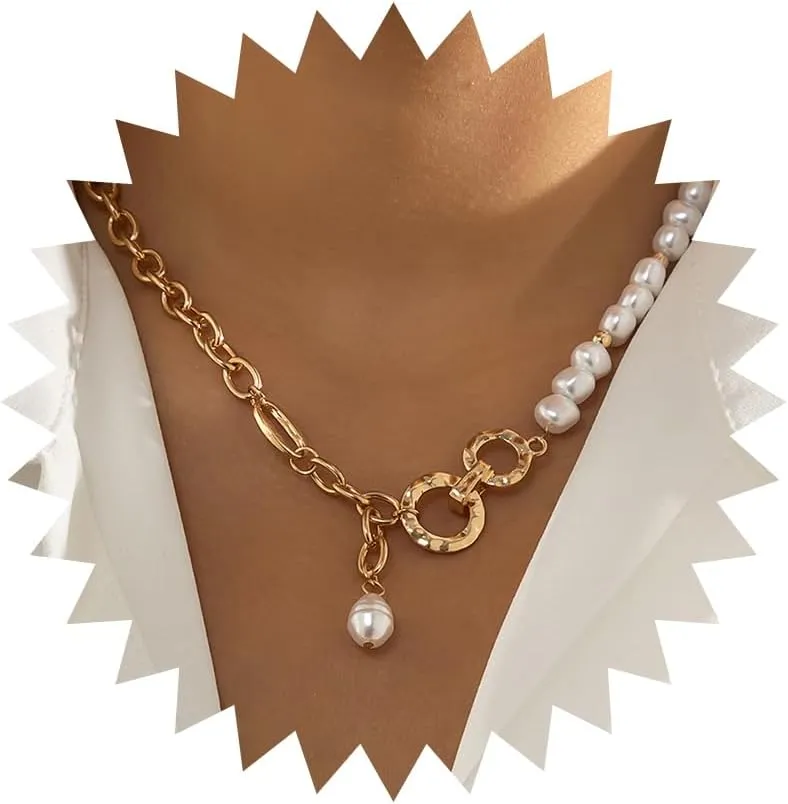 Dainty Pearl Pendant Necklaces Layered Baroque Choker Necklace Vintage White Pearl Chain Necklace Faux Pearls Statement Jewelry Gift for Women