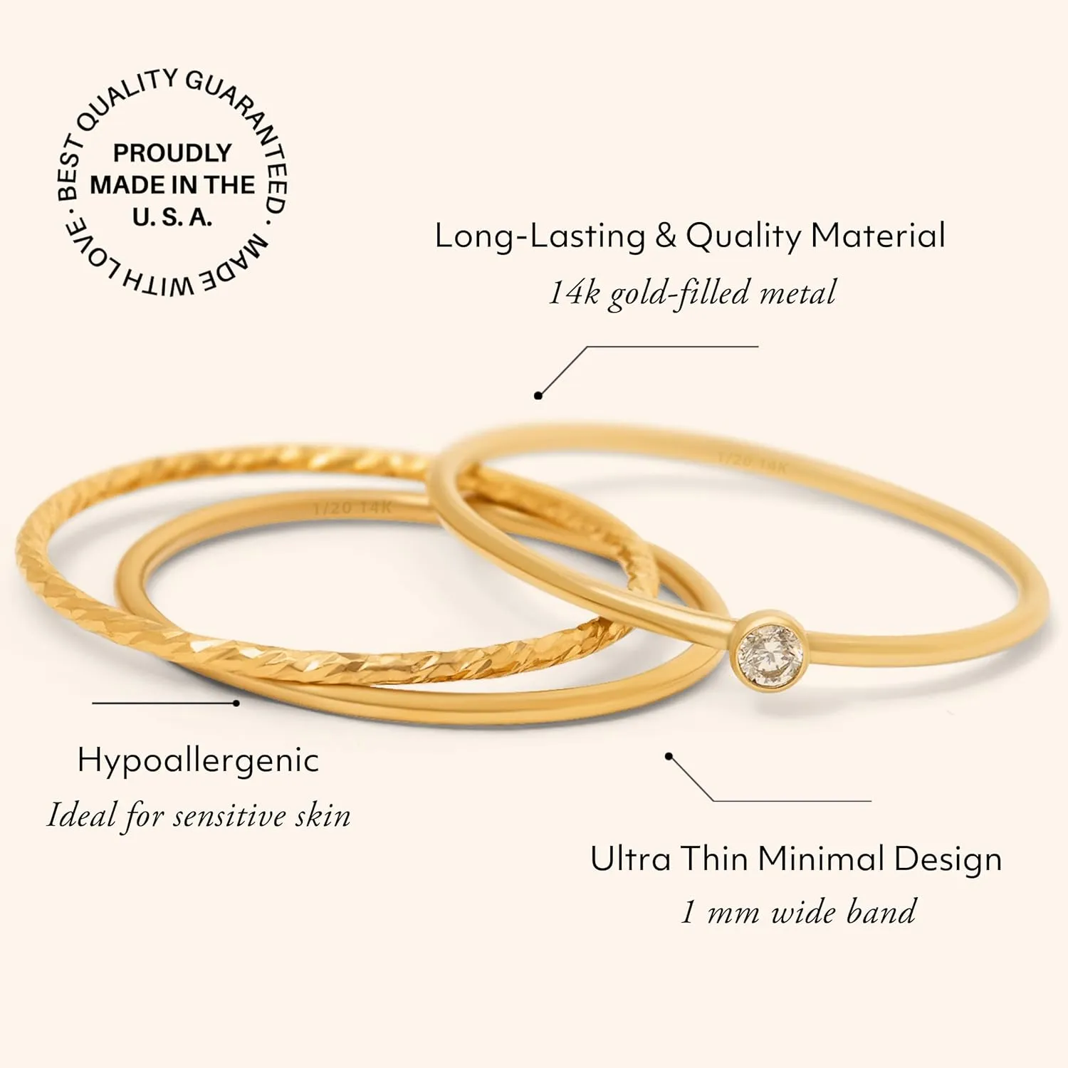 Dainty Stacking Rings for Women, 14K Gold Filled or 925 Sterling Silver, 1mm Thin Non-Tarnish Band Set Size 5 6 7 8 9