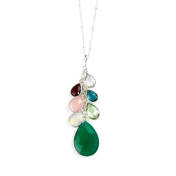 Danique Custom 925 Grandmother Pendant Necklace with Hers, the Kids, and Grandkids birthstones, Mother's Day gift for Grandmother [TrDCS-L/M/S] (Sterling Silver)