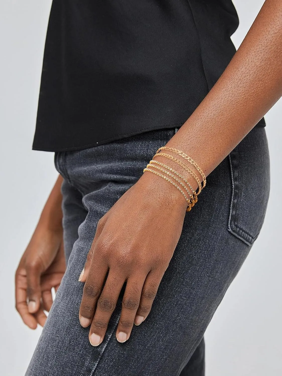Dcfywl731 Gold Boho Stackable Bracelet Set Rhinestone Chunky Layered Link Bracelet Adjustable Bracelet Bangle Set for Women Trendy