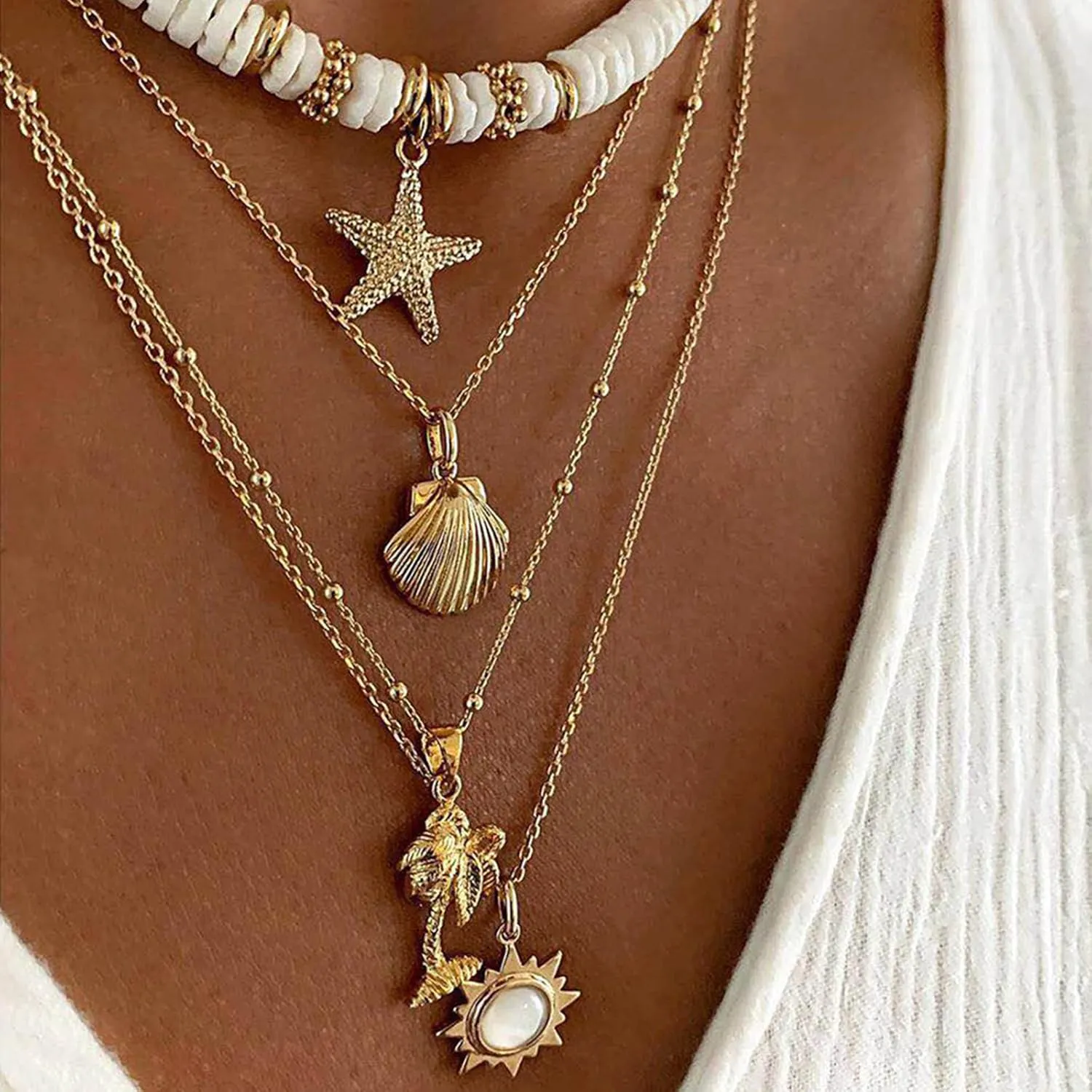 Dcfywl731 Initial Charm Necklace for Women Shell Letter Necklaces Gold A-Z Charms Pendant Alphabet Personalized Pendant Necklace Boho Starfish Surfer Jewelry Gifts