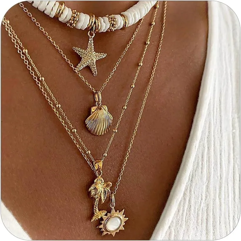 Dcfywl731 Initial Charm Necklace for Women Shell Letter Necklaces Gold A-Z Charms Pendant Alphabet Personalized Pendant Necklace Boho Starfish Surfer Jewelry Gifts