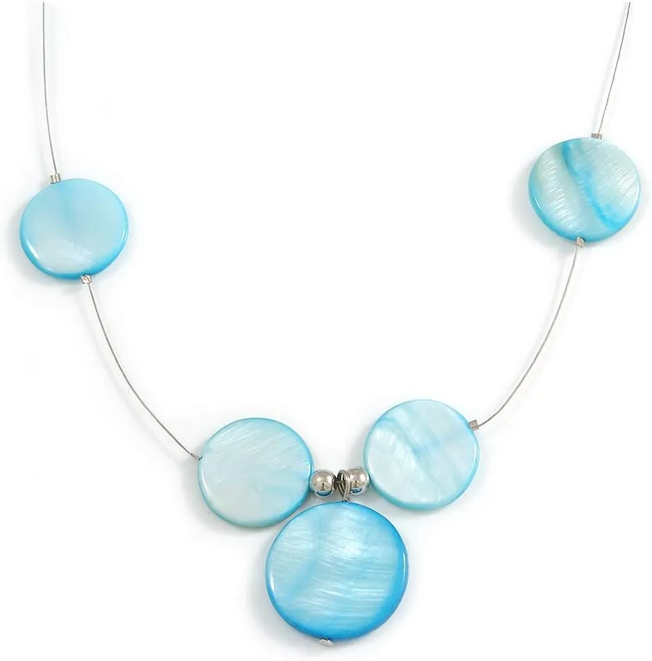 Delicate Floating Light Blue Shell Bead Wire Necklace in Silver Tone - 44cm L