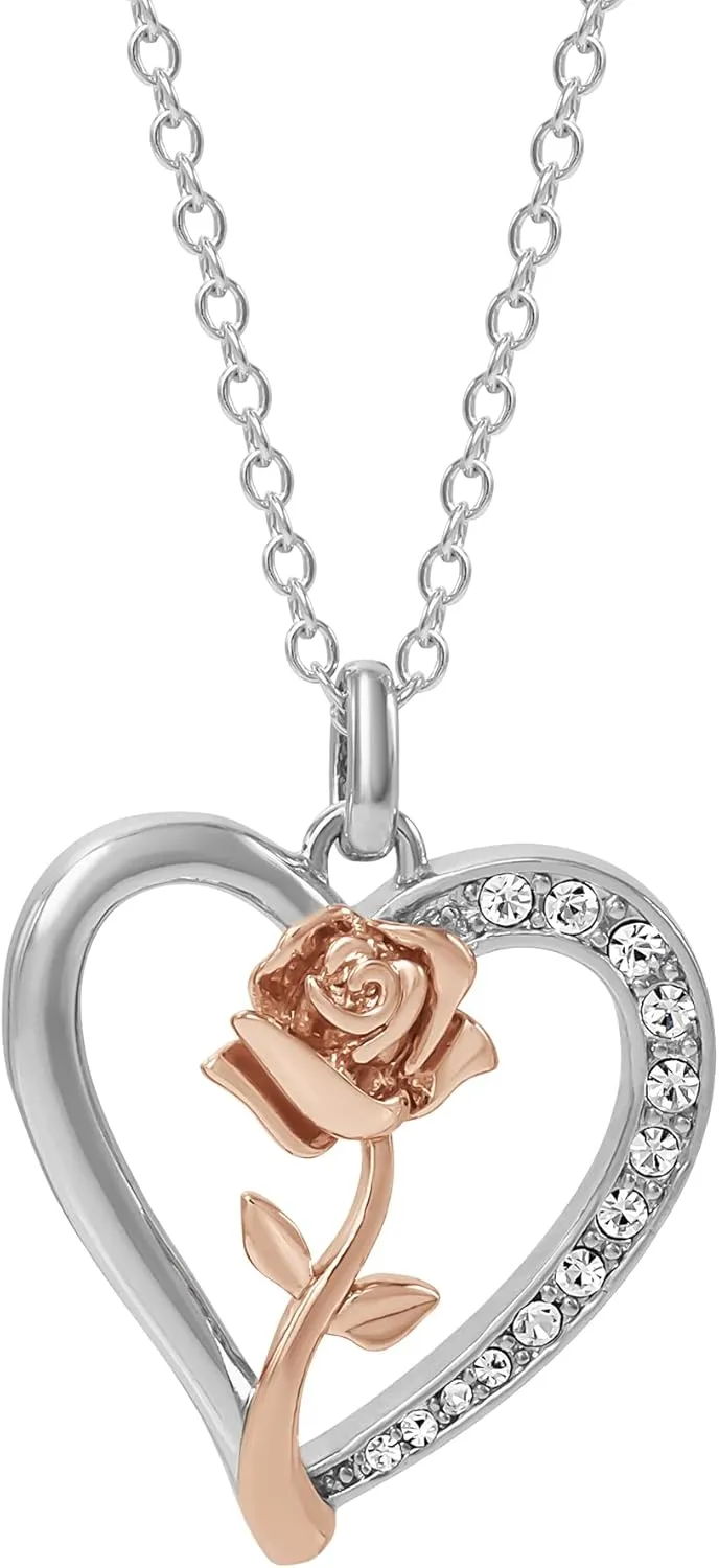 Disney Beauty and the Beast Princess Pendants, Two Tone Infinity and Heart Necklaces, Silver Plated, Flash Plated, 18"