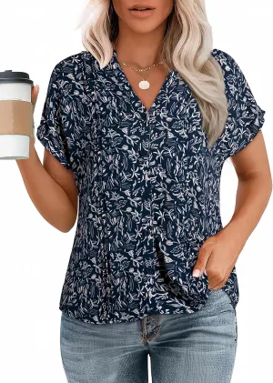 Dokotoo Women's Casual V Neck Floral Print Smocked Short Cap Sleeve Button Down Chiffon Blouses Pleated Top Shirts