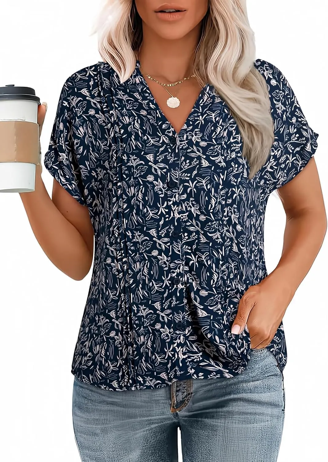 Dokotoo Women's Casual V Neck Floral Print Smocked Short Cap Sleeve Button Down Chiffon Blouses Pleated Top Shirts