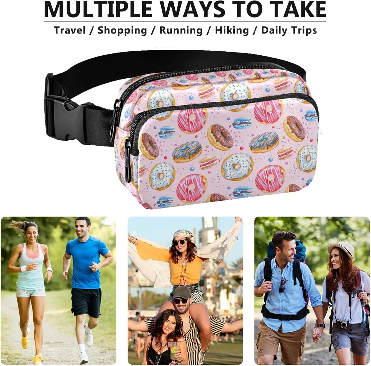 Donuts Macaroon Jelly Pink Fanny Pack for Women Waterproof Hip Pouch Belt Bag Cute Travel Waist Bag