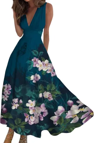Dresses for Women 2024 Sleeveless Dresses Casual Summer Boho Dress Floral Dressy Tank Dress V Neck Beach Maxi Dress