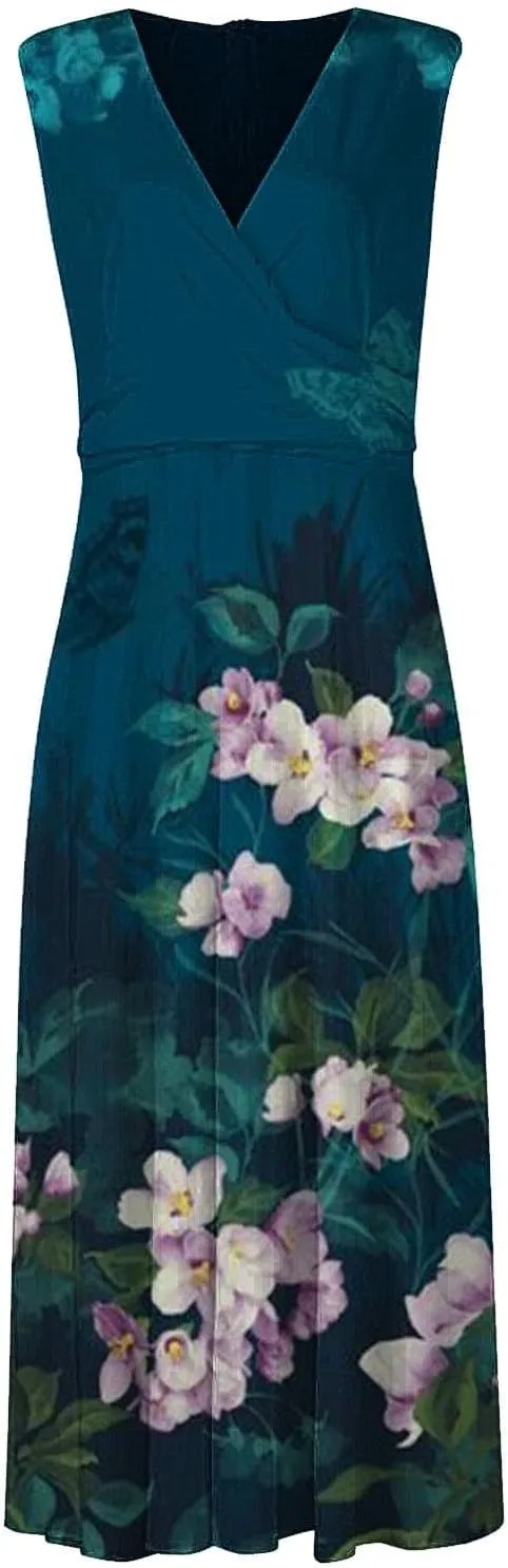 Dresses for Women 2024 Sleeveless Dresses Casual Summer Boho Dress Floral Dressy Tank Dress V Neck Beach Maxi Dress