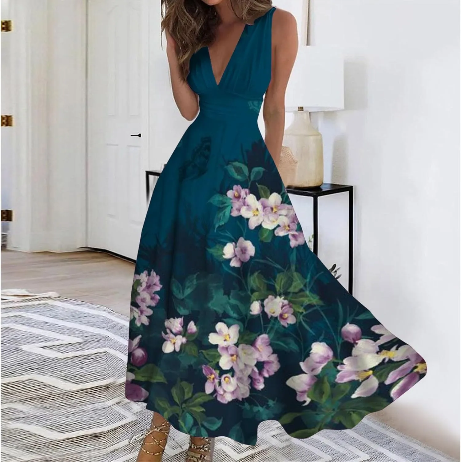Dresses for Women 2024 Sleeveless Dresses Casual Summer Boho Dress Floral Dressy Tank Dress V Neck Beach Maxi Dress