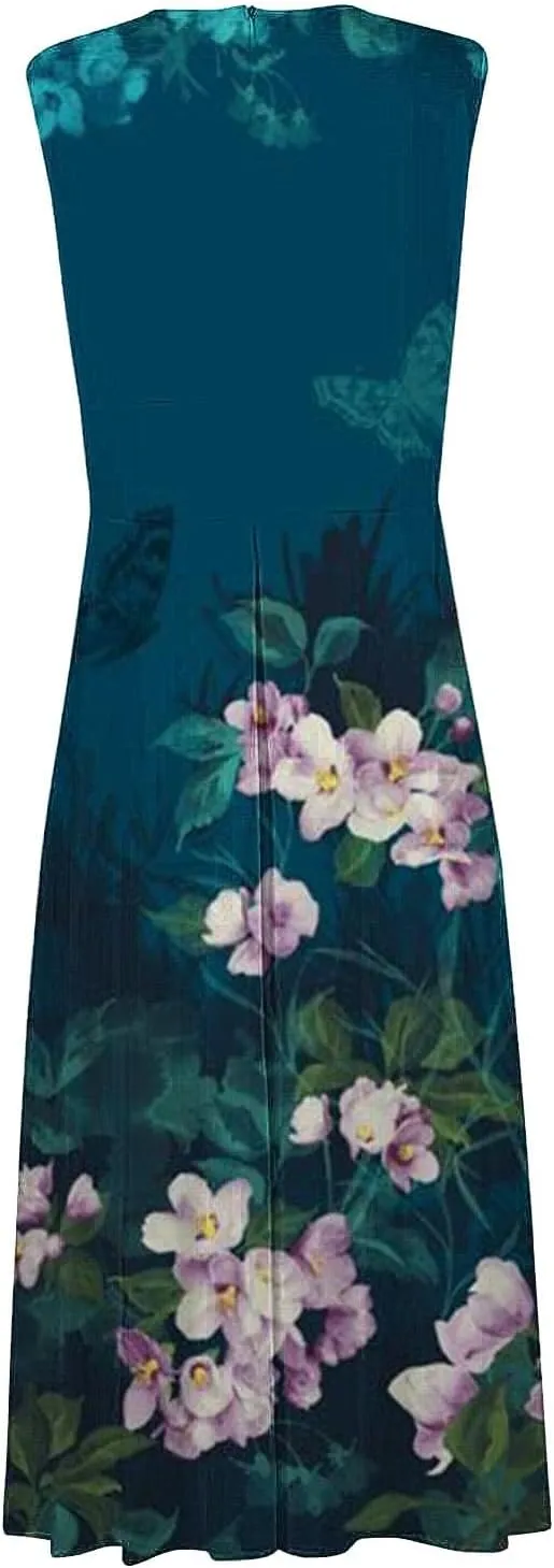 Dresses for Women 2024 Sleeveless Dresses Casual Summer Boho Dress Floral Dressy Tank Dress V Neck Beach Maxi Dress