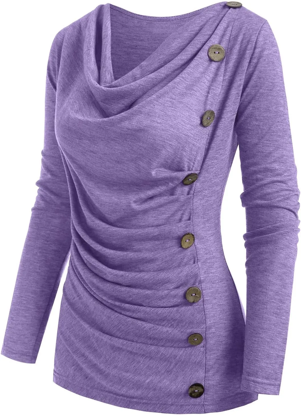 DRESSFO 2024 Women's Long Sleeve Tops Ruched Crew Neck Mock Buttons Side Shirts Blouse
