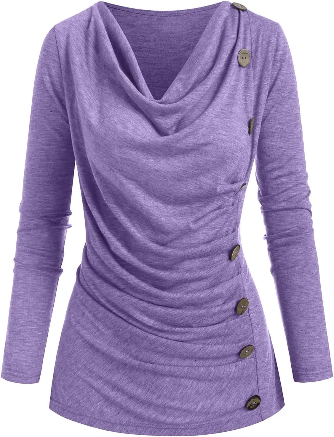 DRESSFO 2024 Women's Long Sleeve Tops Ruched Crew Neck Mock Buttons Side Shirts Blouse