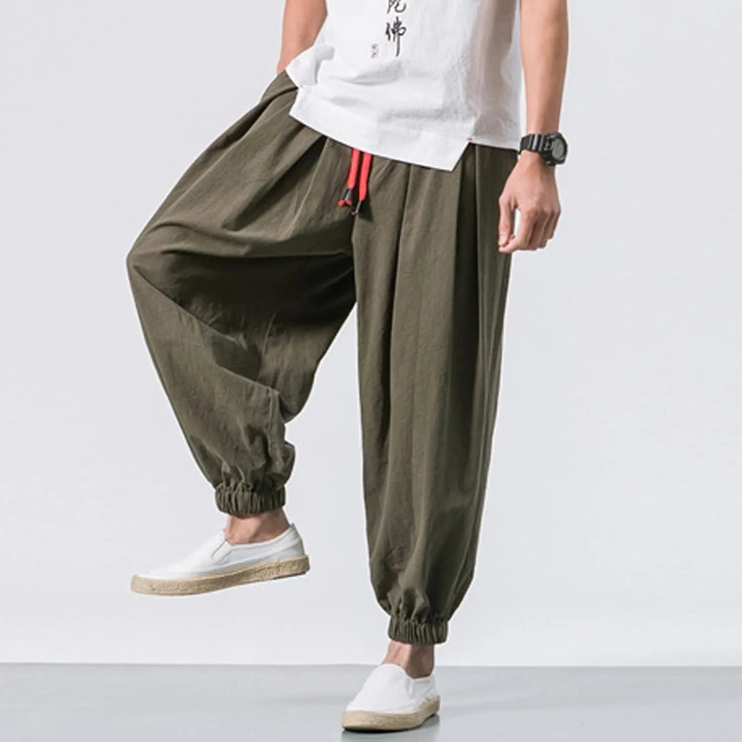 Dudubaby Men Casual Pants Mens Baggy Pants Drawstring Cotton Linen Wide Leg Yoga Pants Solid Color Baggy Pants