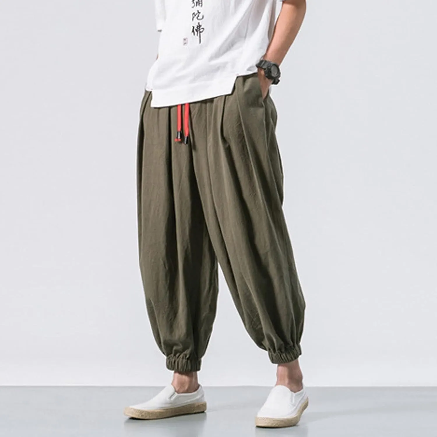 Dudubaby Men Casual Pants Mens Baggy Pants Drawstring Cotton Linen Wide Leg Yoga Pants Solid Color Baggy Pants