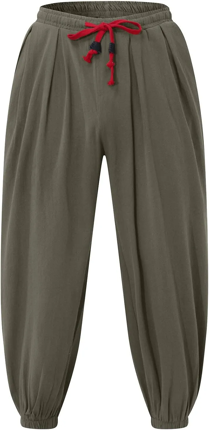 Dudubaby Men Casual Pants Mens Baggy Pants Drawstring Cotton Linen Wide Leg Yoga Pants Solid Color Baggy Pants