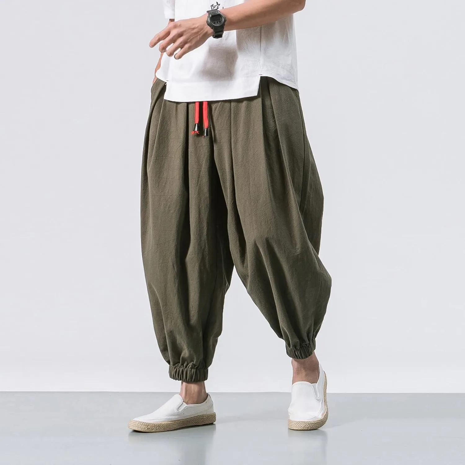 Dudubaby Men Casual Pants Mens Baggy Pants Drawstring Cotton Linen Wide Leg Yoga Pants Solid Color Baggy Pants