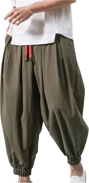 Dudubaby Men Casual Pants Mens Baggy Pants Drawstring Cotton Linen Wide Leg Yoga Pants Solid Color Baggy Pants