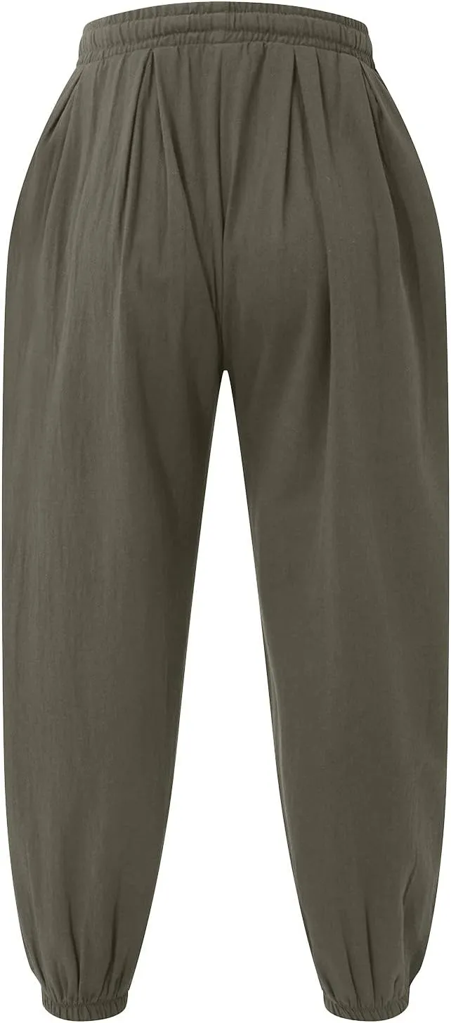 Dudubaby Men Casual Pants Mens Baggy Pants Drawstring Cotton Linen Wide Leg Yoga Pants Solid Color Baggy Pants