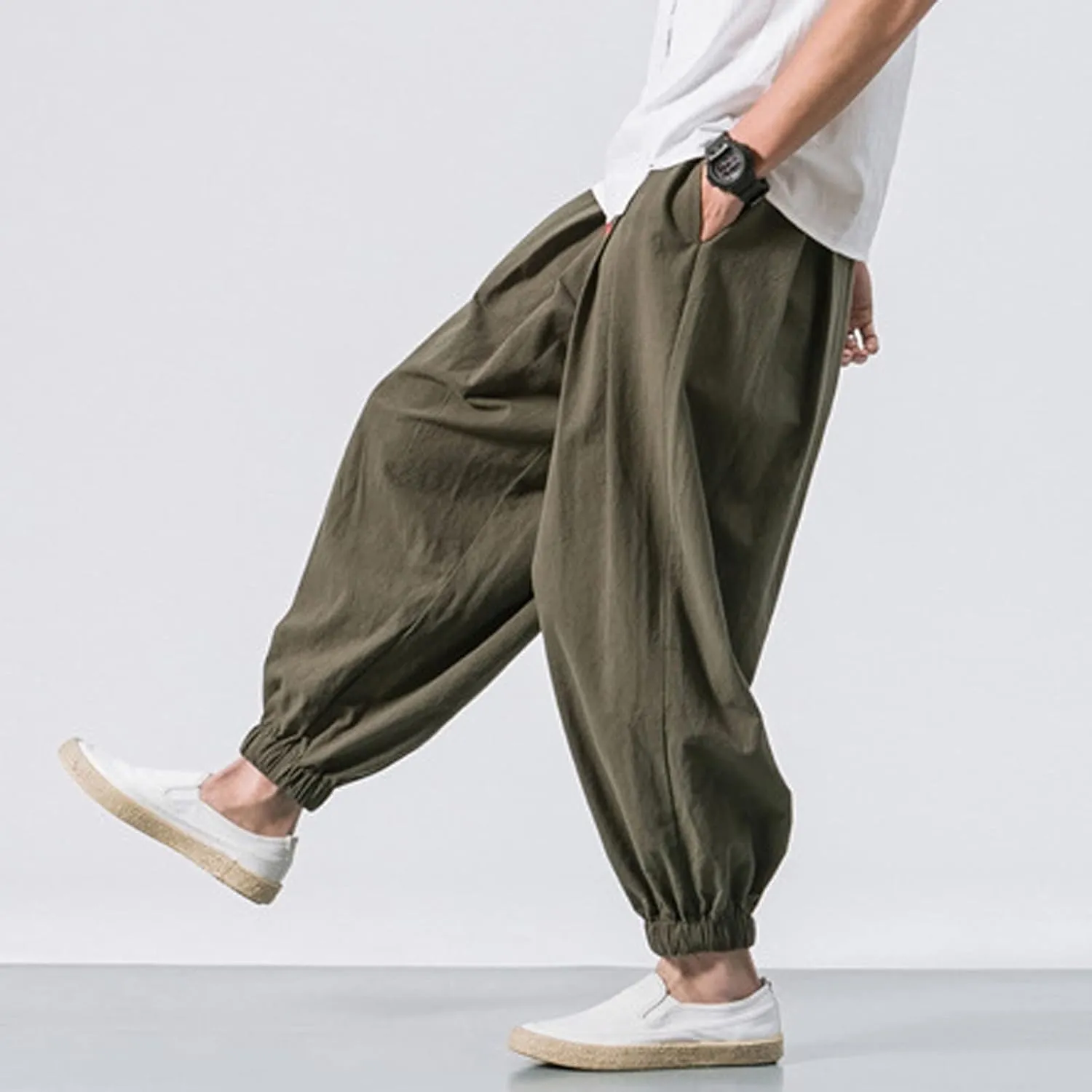 Dudubaby Men Casual Pants Mens Baggy Pants Drawstring Cotton Linen Wide Leg Yoga Pants Solid Color Baggy Pants