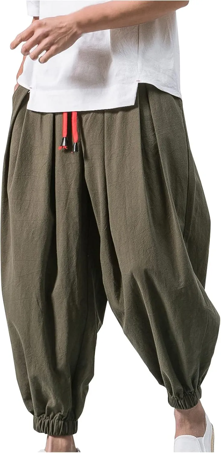 Dudubaby Men Casual Pants Mens Baggy Pants Drawstring Cotton Linen Wide Leg Yoga Pants Solid Color Baggy Pants