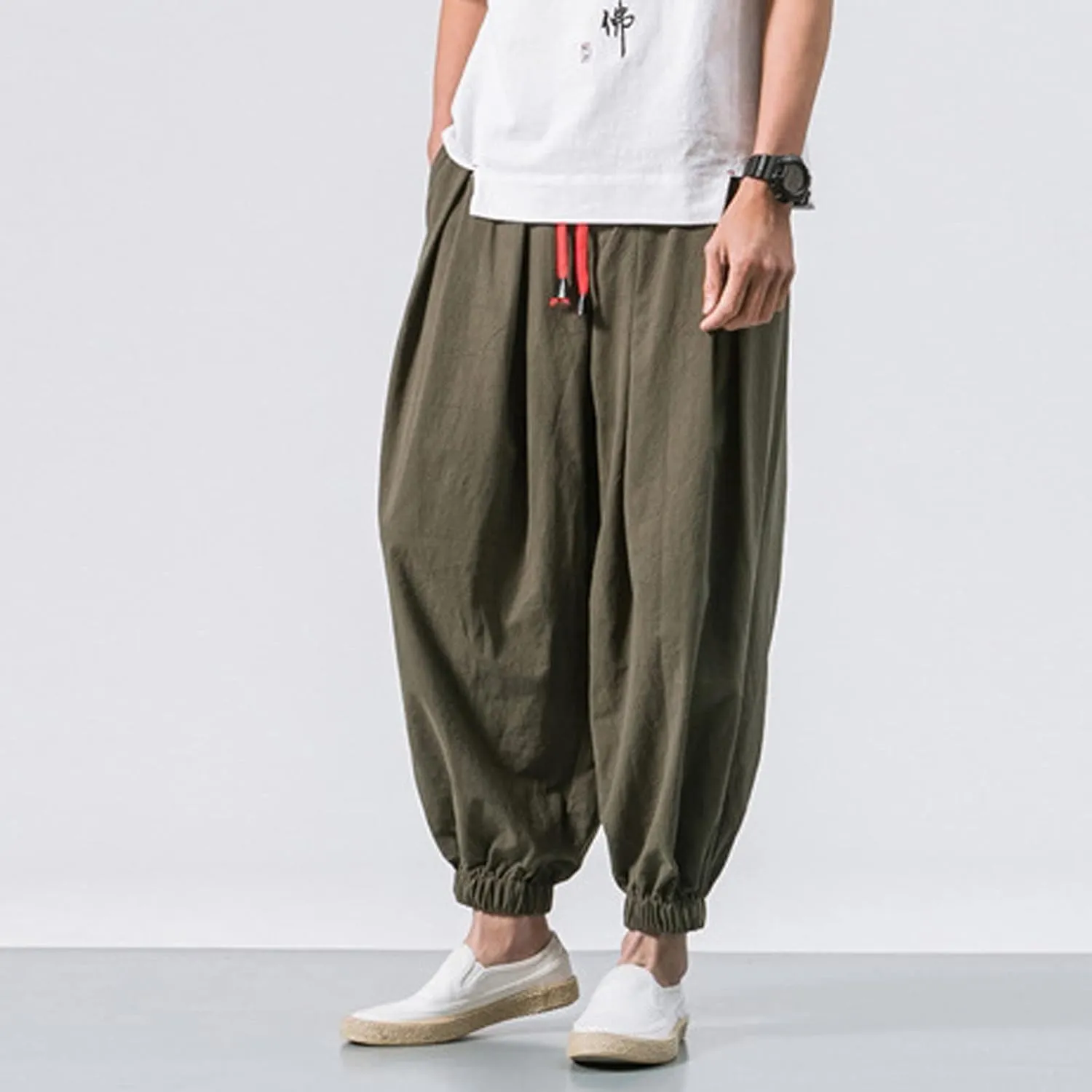 Dudubaby Men Casual Pants Mens Baggy Pants Drawstring Cotton Linen Wide Leg Yoga Pants Solid Color Baggy Pants
