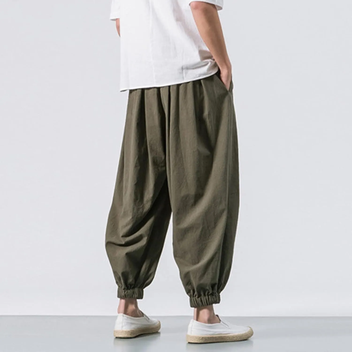 Dudubaby Men Casual Pants Mens Baggy Pants Drawstring Cotton Linen Wide Leg Yoga Pants Solid Color Baggy Pants