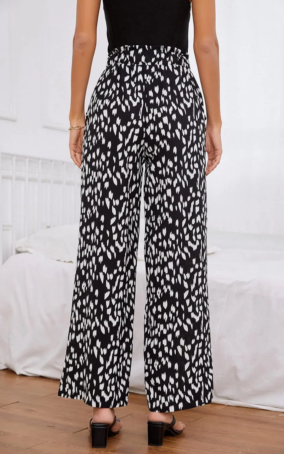 ECOWISH Palazzo Pants for Women Casual 2025 Summer Loose Baggy Wide Leg Flowy High Waisted Polka Dot Trouser with Belt Pocket