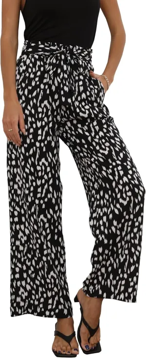 ECOWISH Palazzo Pants for Women Casual 2025 Summer Loose Baggy Wide Leg Flowy High Waisted Polka Dot Trouser with Belt Pocket