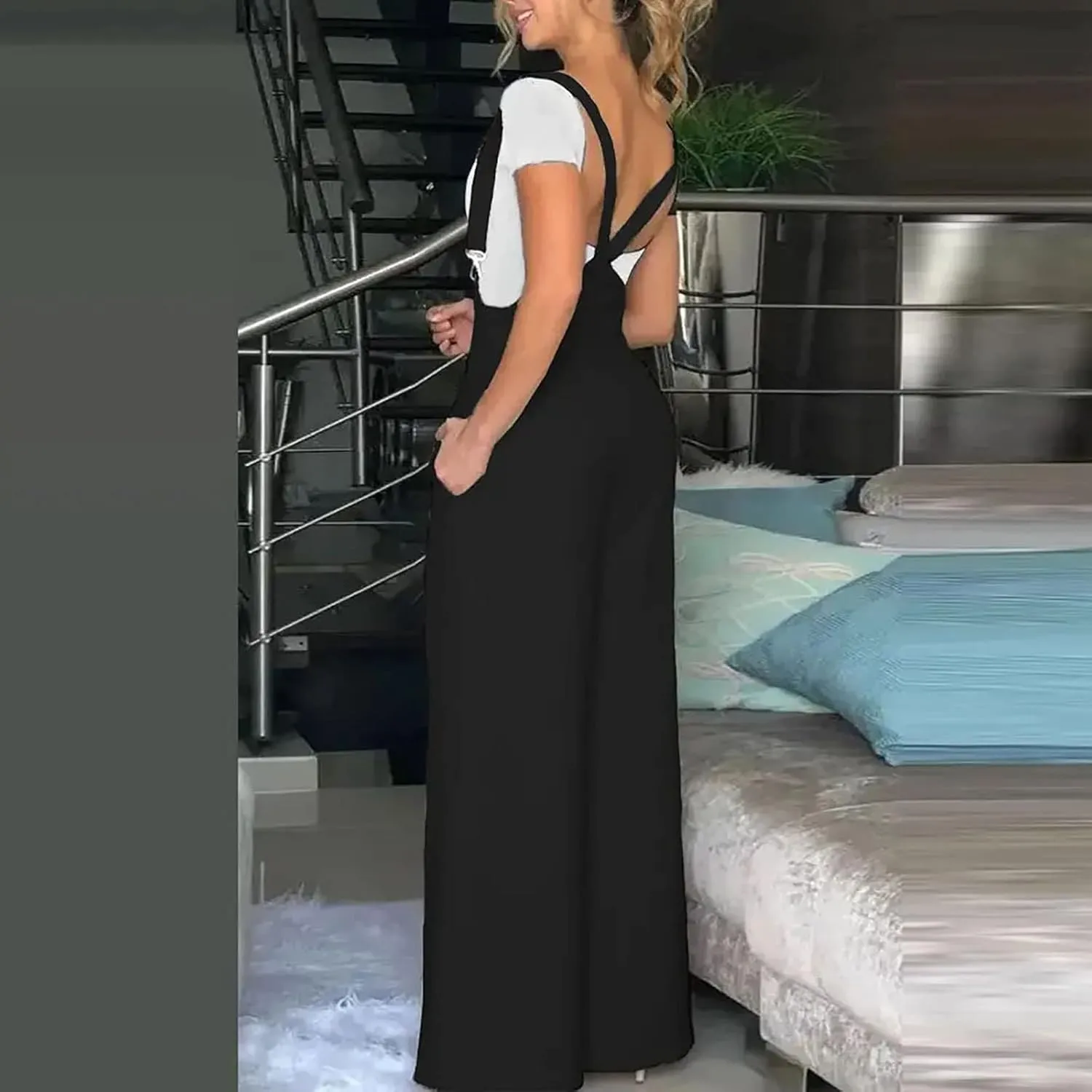 Elegant Business Suspender Overalls for Women Solid Loose Adjustable Strap High Waist Wide Leg Dress Pants Jumpsuits