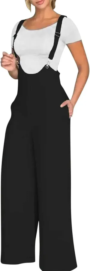 Elegant Business Suspender Overalls for Women Solid Loose Adjustable Strap High Waist Wide Leg Dress Pants Jumpsuits
