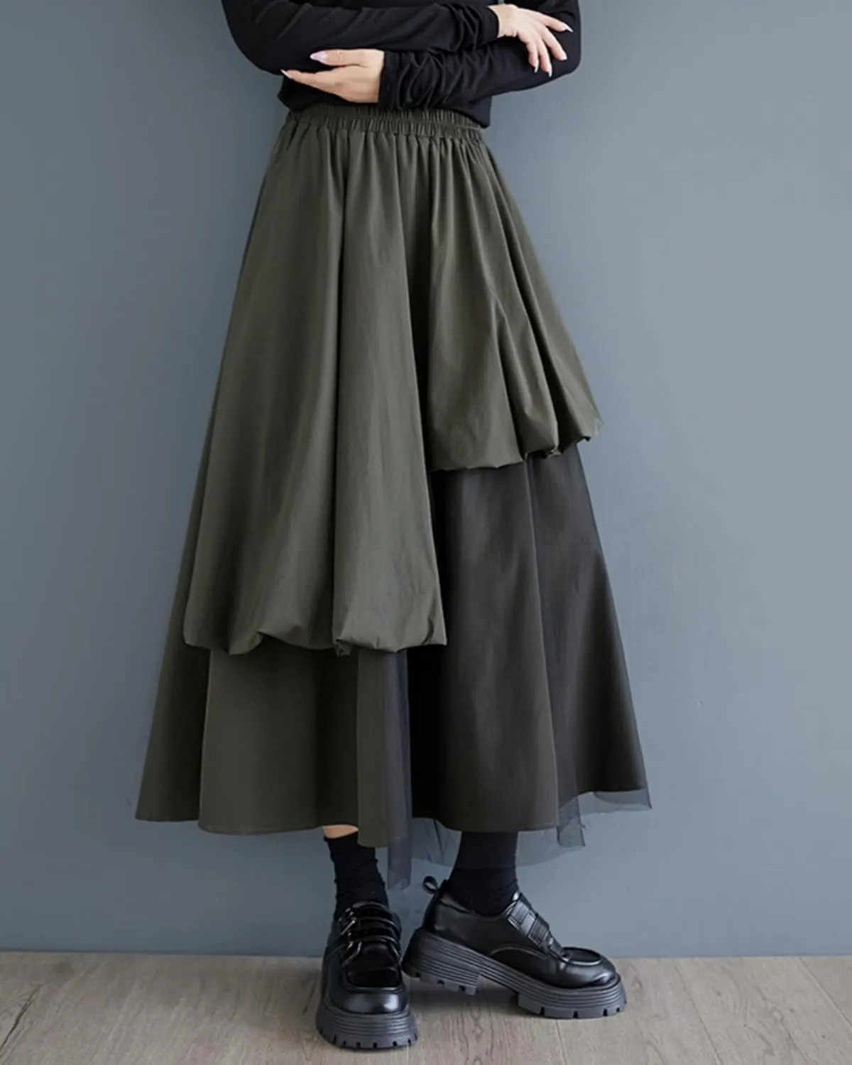 ellazhu Women's Skirt Casual High Waist Mid Length Loose Oversize Guaze Solid GZ335