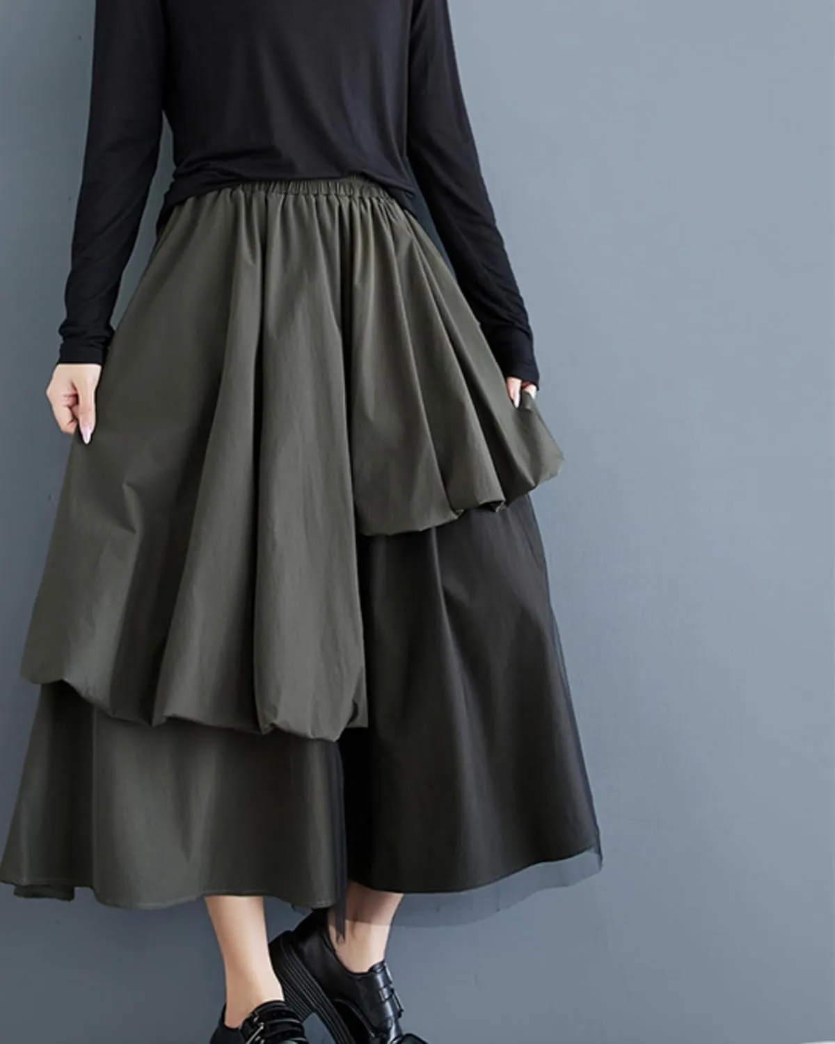 ellazhu Women's Skirt Casual High Waist Mid Length Loose Oversize Guaze Solid GZ335
