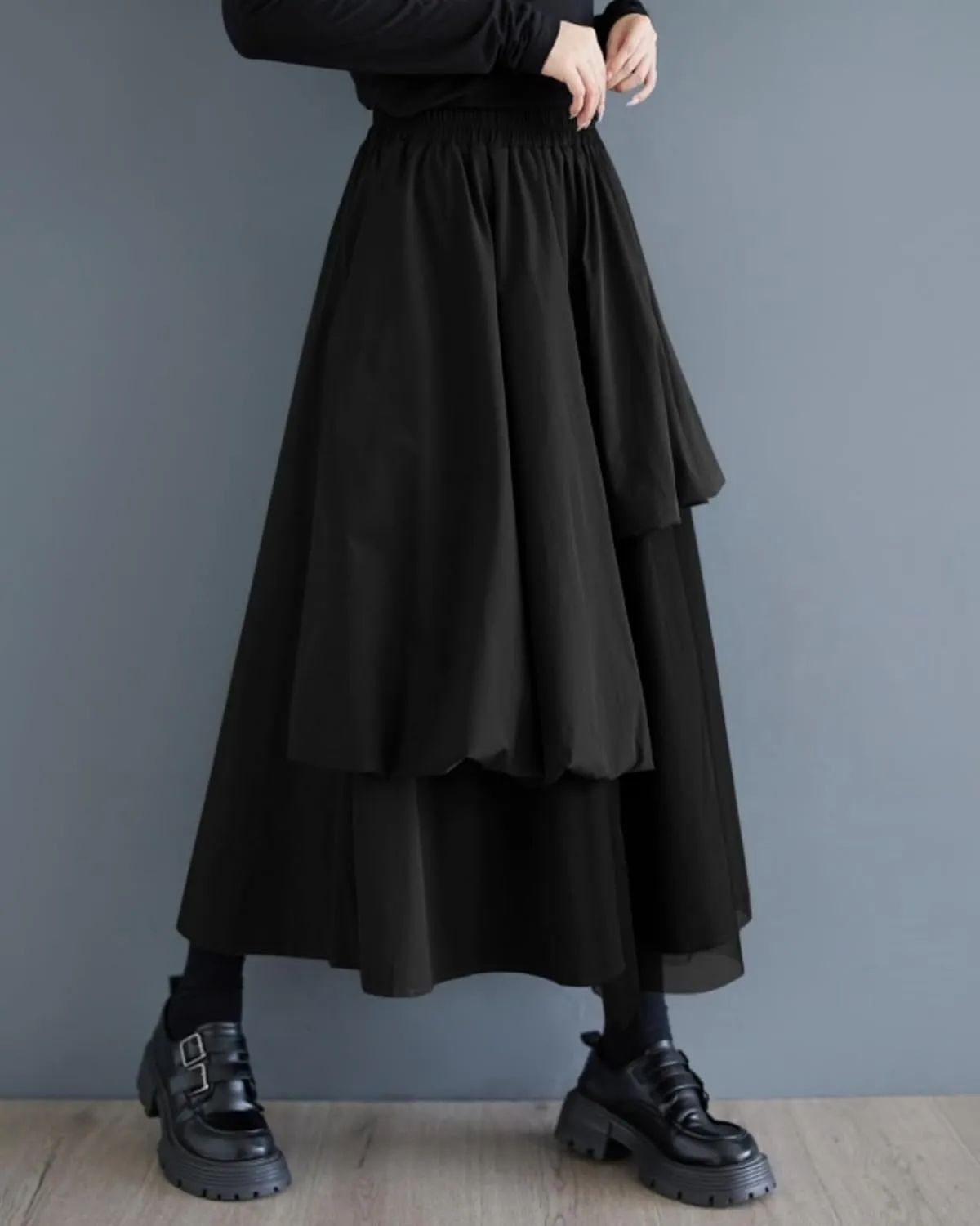 ellazhu Women's Skirt Casual High Waist Mid Length Loose Oversize Guaze Solid GZ335
