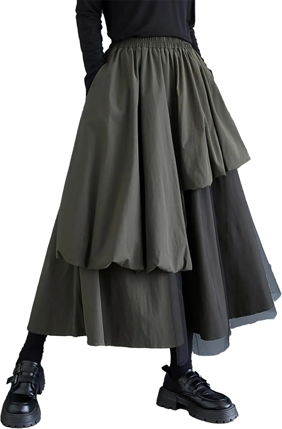 ellazhu Women's Skirt Casual High Waist Mid Length Loose Oversize Guaze Solid GZ335