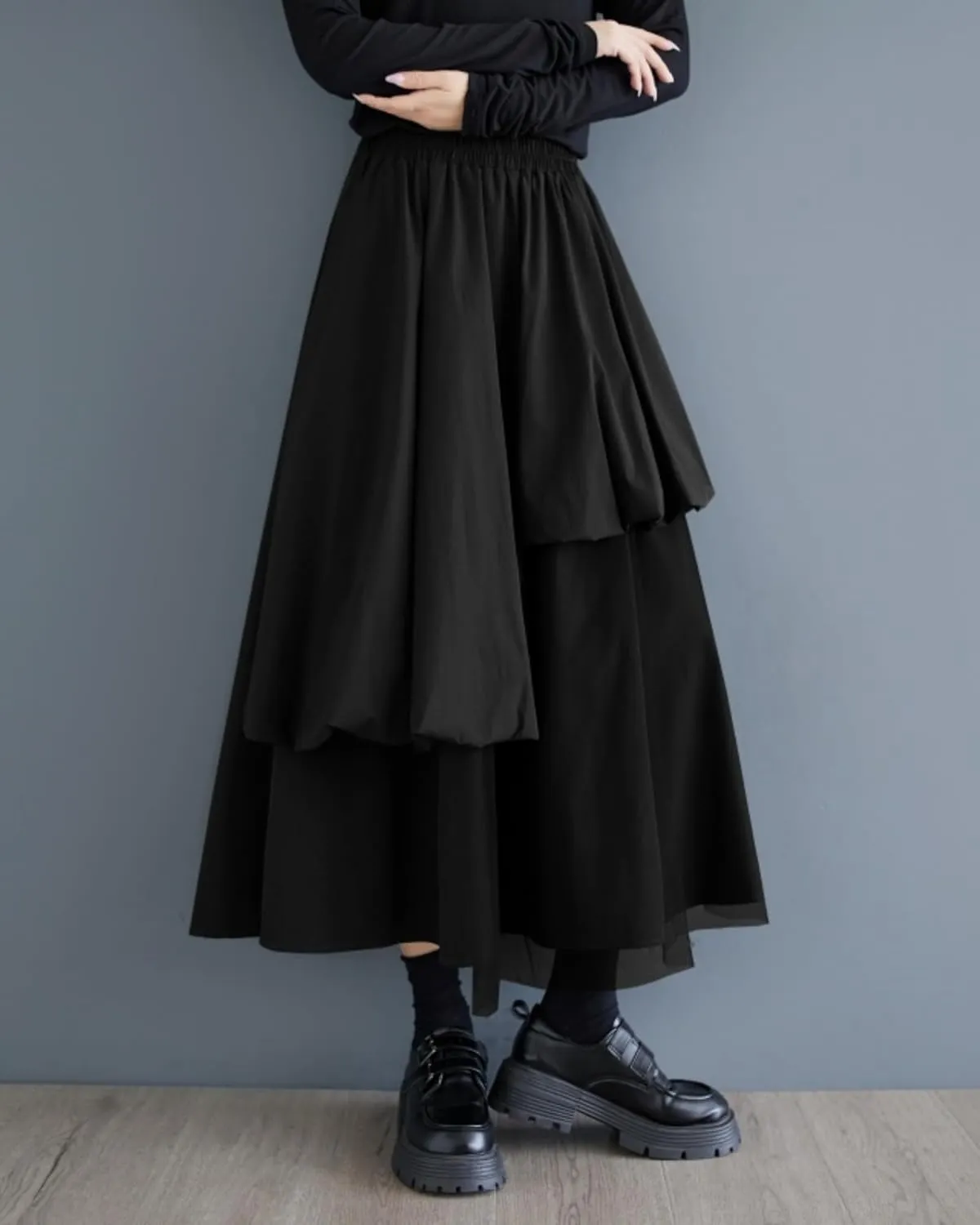 ellazhu Women's Skirt Casual High Waist Mid Length Loose Oversize Guaze Solid GZ335