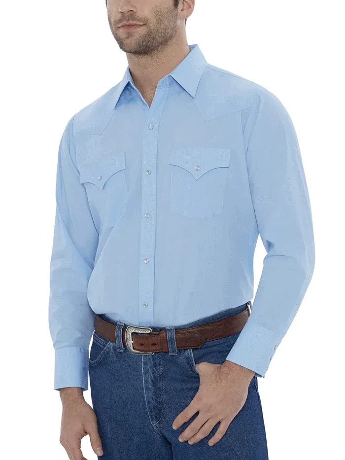 Ely Cattleman Men's Long Sleeve Solid Western Blue Light Shirt