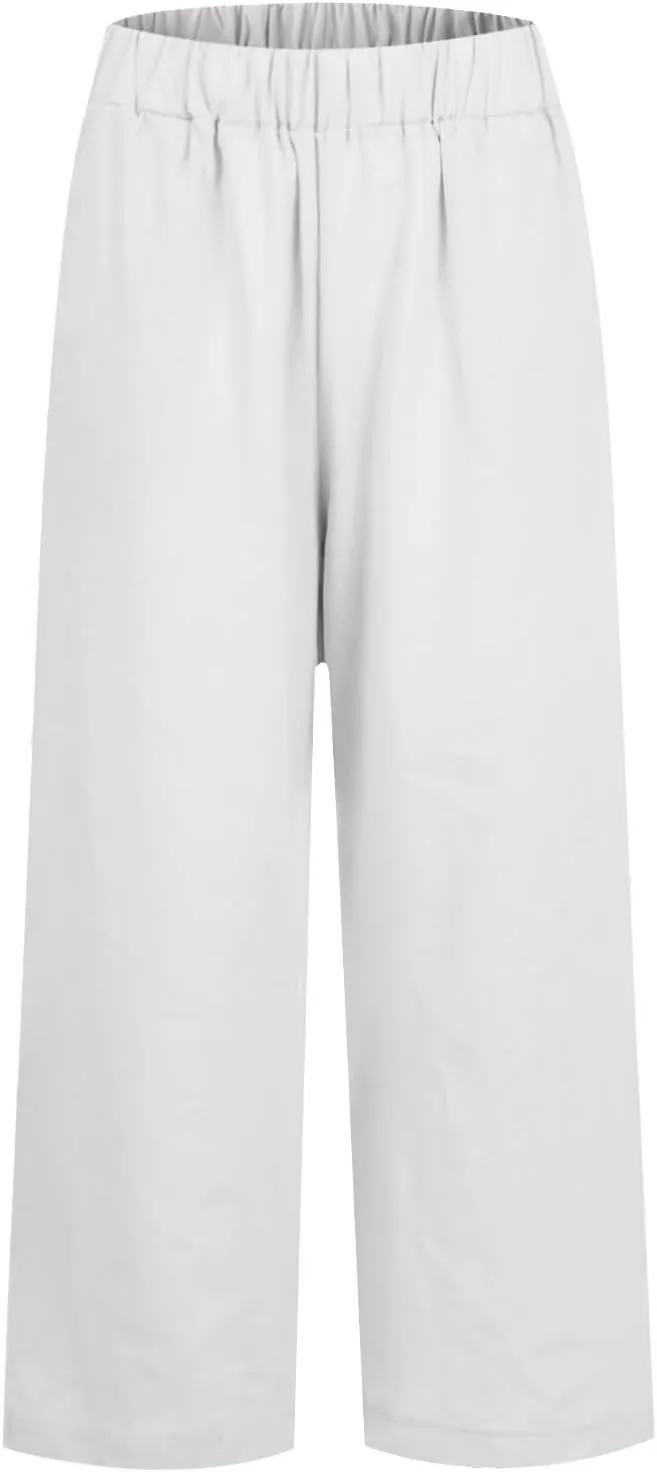 eoeioa High Waisted Linen Pants Women Summer Baggy Stretchy Palazzo Pants Lightweight Casual Pants Boho Beach Pants w/Pockets
