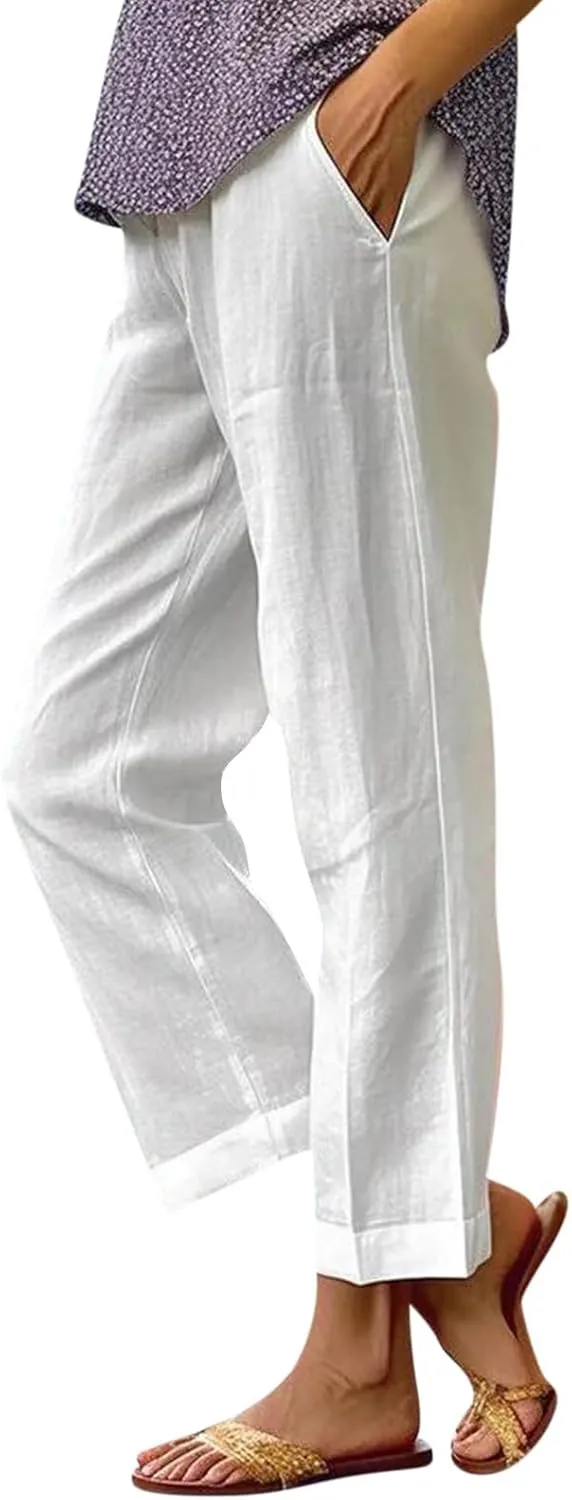 eoeioa High Waisted Linen Pants Women Summer Baggy Stretchy Palazzo Pants Lightweight Casual Pants Boho Beach Pants w/Pockets
