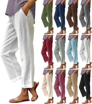 eoeioa High Waisted Linen Pants Women Summer Baggy Stretchy Palazzo Pants Lightweight Casual Pants Boho Beach Pants w/Pockets