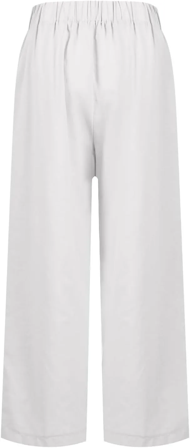 eoeioa High Waisted Linen Pants Women Summer Baggy Stretchy Palazzo Pants Lightweight Casual Pants Boho Beach Pants w/Pockets